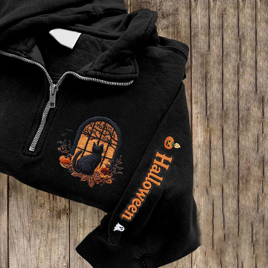 Women's Halloween Cat Embroidered Zip Long Sleeve Casual Sweatshirt artswardrobe