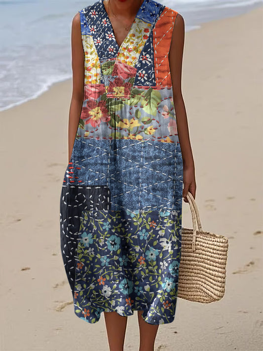 Vintage Floral Patchwork Art Linen And Cotton V Neck Tank Dress artswardrobe