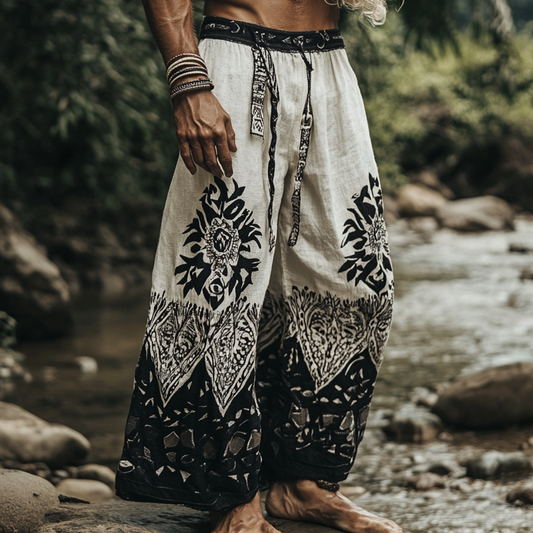 Men's Bohemian Holiday Style Vintage Ethnic Totem Print Simple Casual Pants artswardrobe