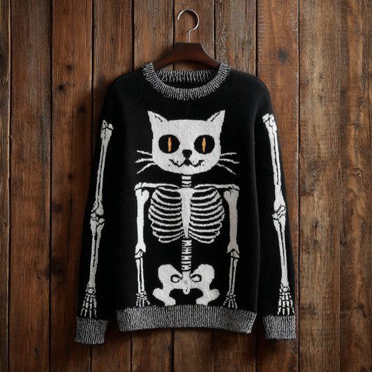 Comstylish Halloween Cat Skull Art Black Round Neck Sweater