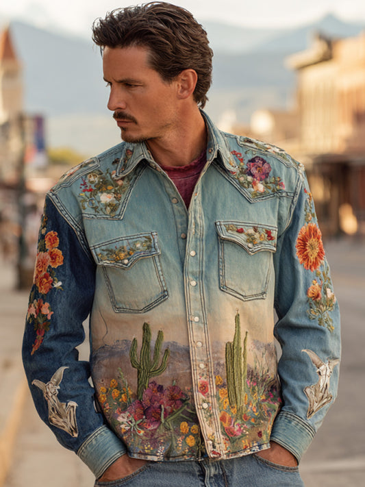 Men's Vintage Faded Denim Western-style Embroidered Printed Shirt artswardrobe