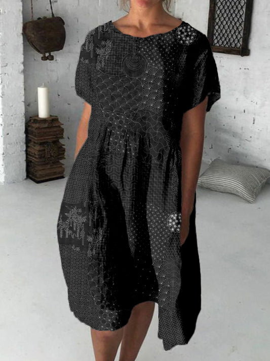 Comstylish Japanese Traditional Sashiko Art Linen Blend Midi Dress