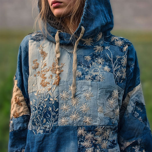 Comstylish Vintage Boho Floral Embroidered Patchwork Cozy Hoodie