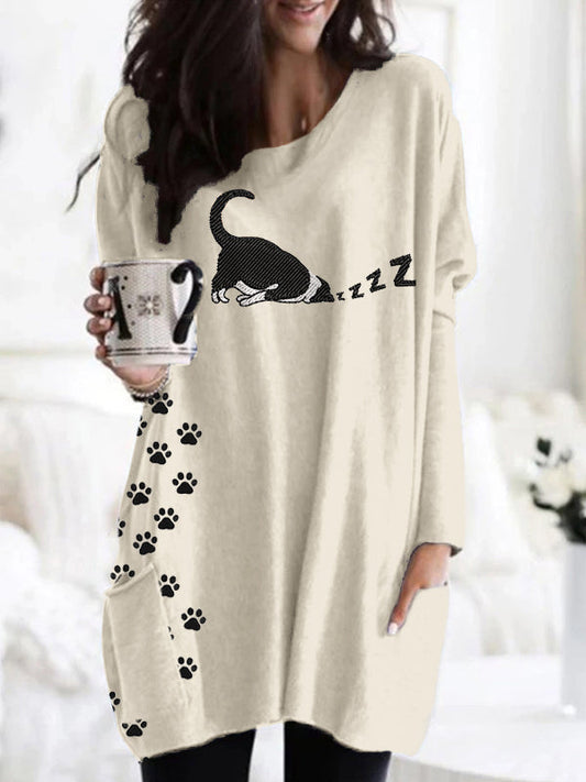 Cute Sleeping Cat Embroidered Comfy Tunic elevenforest