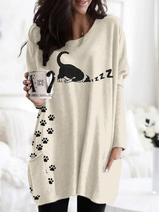 Comstylish Cute Sleeping Cat Embroidered Comfy Tunic