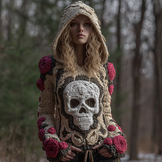 Women Halloween Pink Vintage Pink Fairy Rose Skull Complex Crochet Hooded Sweater elevenforest