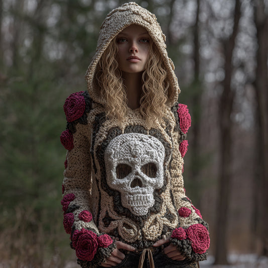 Comstylish Women Halloween Pink Vintage Pink Fairy Rose Skull Complex Crochet Hooded Sweater