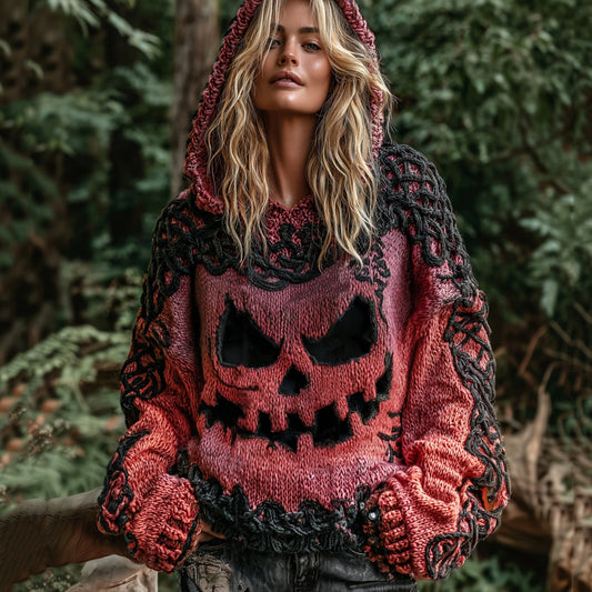 Halloween Pumpkin Face Chunky Crochet Hooded Sweater artswardrobe