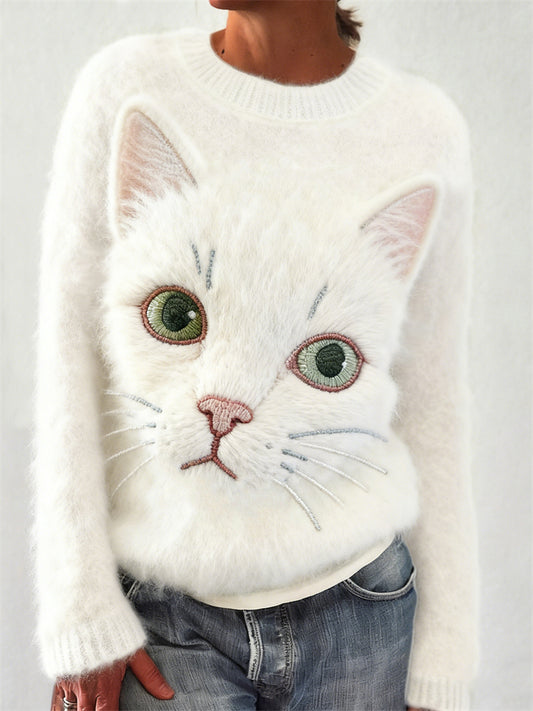 Comstylish Lovely White Cat Face Embroidered Cozy Knit Sweater