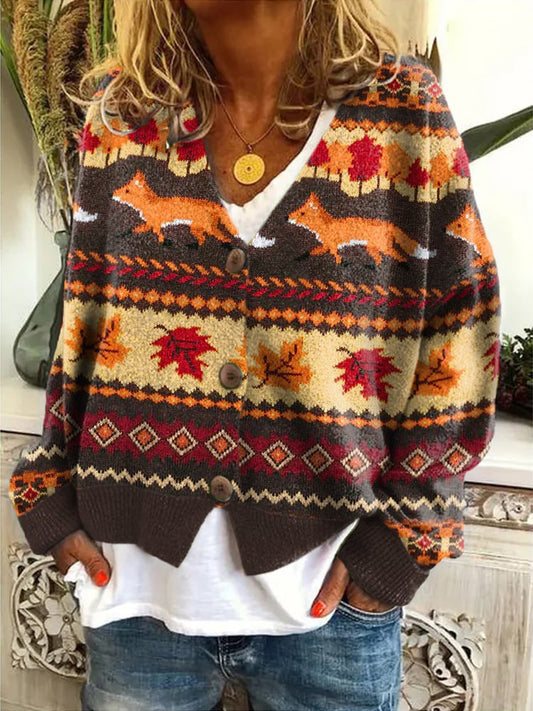 Women's The Fox And Foliage Print Long Sleeve Cardigan artswardrobe