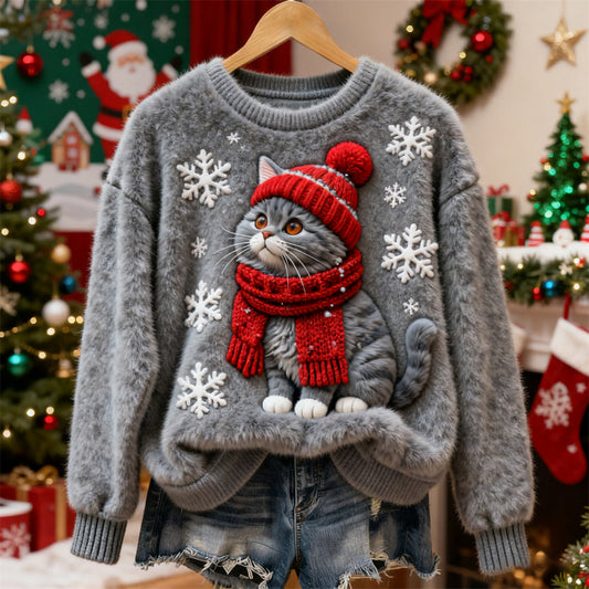 Christmas Plush Cat Art Women's Cozy Plush Sweater elevenforest