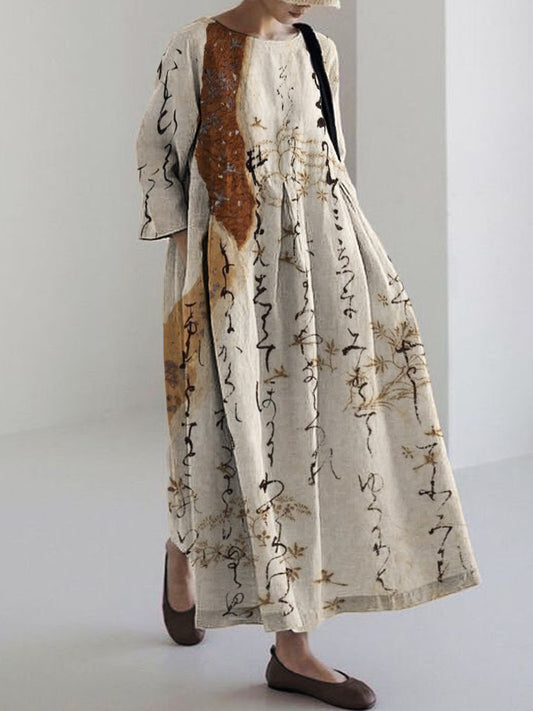 Comstylish Japanese Calligraphy Art Linen Blend Maxi Dress