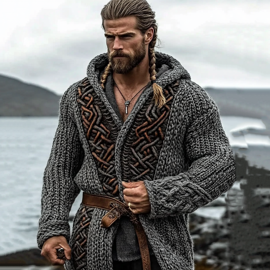 Men's Viking Tribal Wings Celtic Knit Cozy Hooded Jacket elevenforest