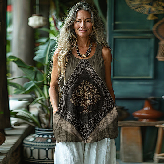 Women's Vintage Viking Tree Of Life Cotton And Linen Vest artswardrobe