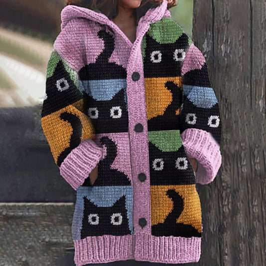 Vintage Cute Black Cats Pattern Cozy Hooded Cardigan artswardrobe