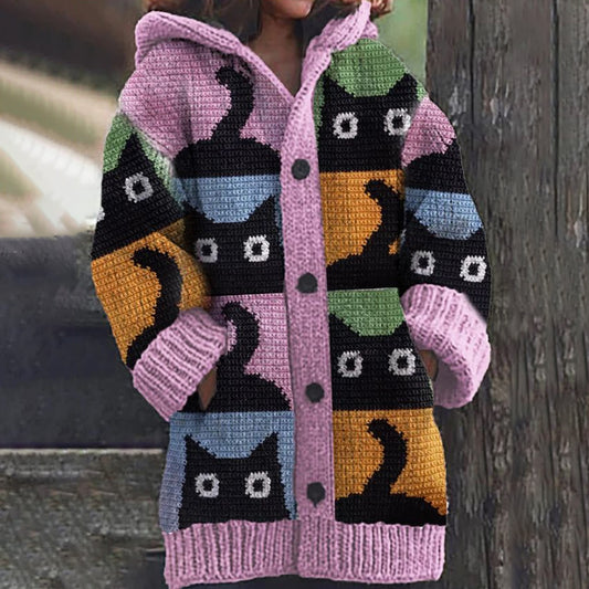Comstylish Vintage Cute Black Cats Pattern Cozy Hooded Cardigan