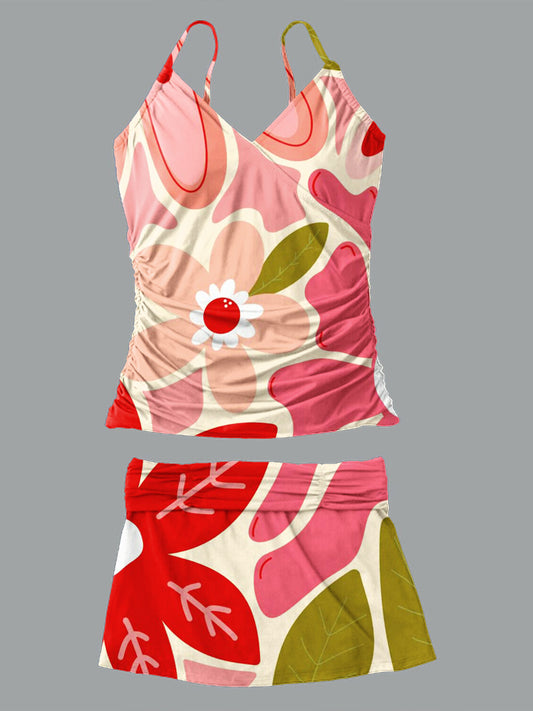 V-Neck Vintage Flowers Print Suspender Skirt Tankini Pantskirt Set Swimsuit