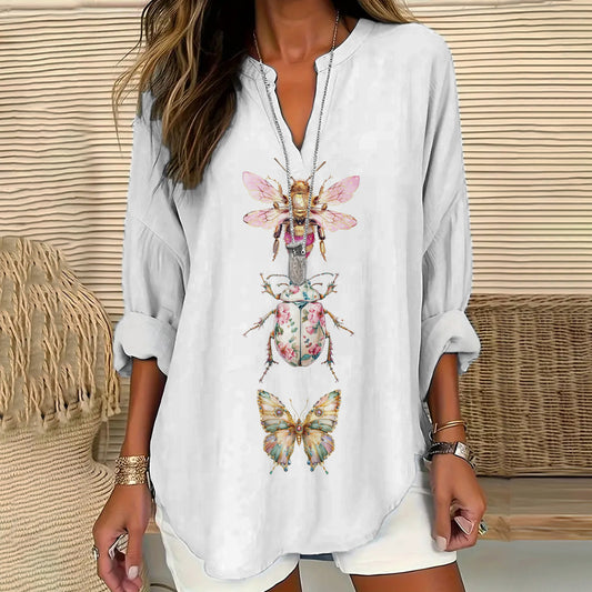 Comstylish Gorgeous Insect Element Printed Women's V-neck Long Sleeve Shirt