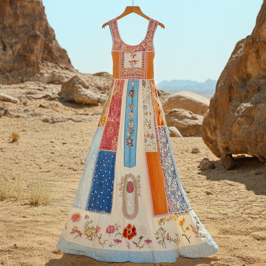 Women's Vintage Tribal Floral Patch Cotton And Linen Dress artswardrobe