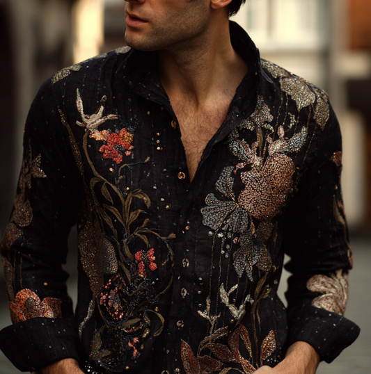 Bohemian Style Plant And Flower Pattern Men's Retro Cotton And Linen Shirt artswardrobe