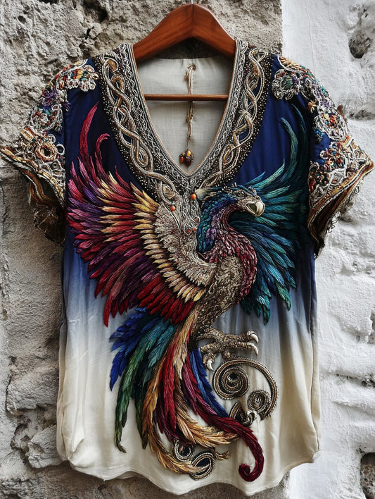 Comstylish Women's Viking Celtic Knot Phoenix Totem Gradient Linen T-shirt