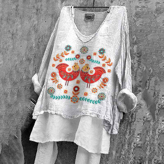 Women's Vintage Floral And Bird Art Embroidery Cotton And Linen Shirt artswardrobe