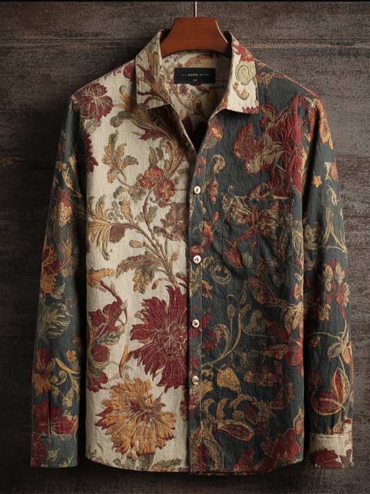 Western Cowboy Style Plant And Flower Elements Retro Cotton And Linen Men's Shirt artswardrobe