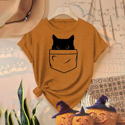 Abstract Creative Pocket Black Cat Art Print  T-shirt elevenforest