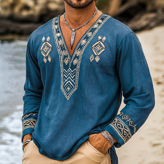 Men's Viking Ethnic Style Summer Beach Wear Art Print Linen T-shirt artswardrobe