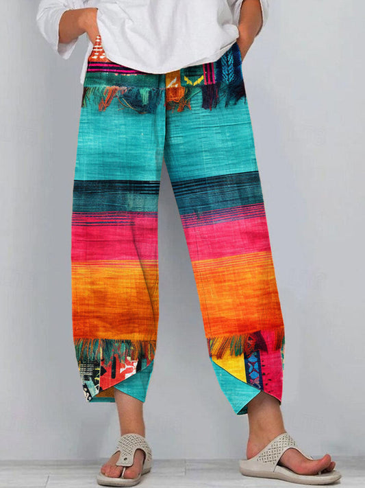 Boho Tassel Contrast Color Linen Blend Pants artswardrobe