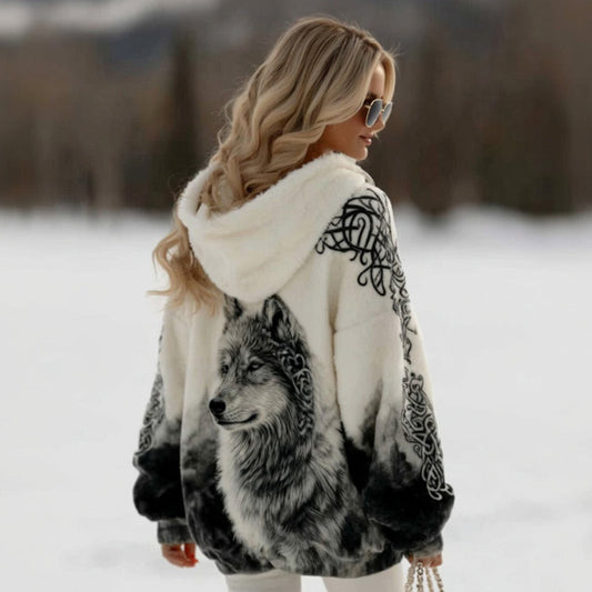 Comstylish Women's Viking Celtic Knot And Wolf Pattern Color Block Comfortable Plush Hoodie