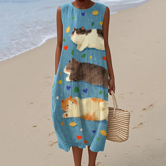 Comstylish Women's Cute Cat Art Print Linen Tank Midi Dress