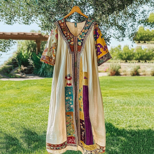 Vintage Tribal Pattern Patchwork Art Linen Short Sleeve Tank Dress artswardrobe
