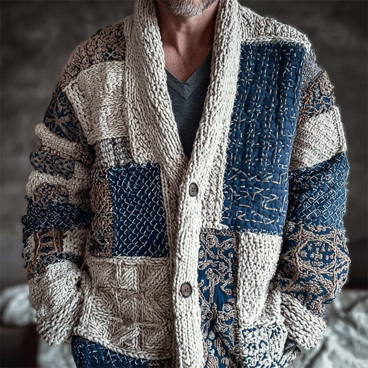Men's Japanese Sashiko Embroidered Patchwork Cozy Knit Cardigan artswardrobe