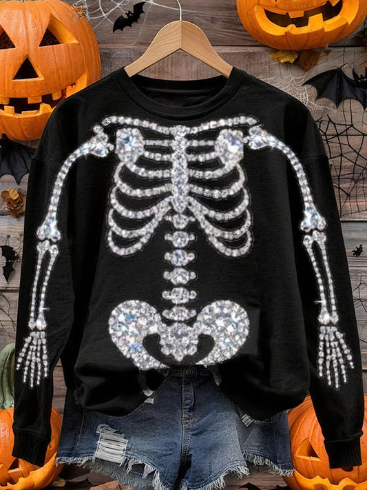 Comstylish Women's Halloween Rhinestone Skull Print Long Sleeve Crew Neck Sweatshirt