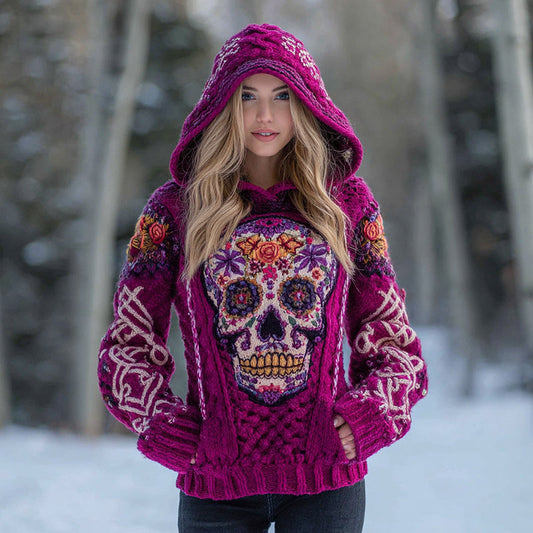Women's Vintage Tribal Celtic Skull Art Knit Hooded Sweater elevenforest