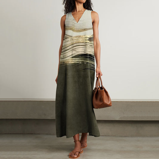 Women's Vintage Stripes Abstract Art Sleeveless Dress artswardrobe
