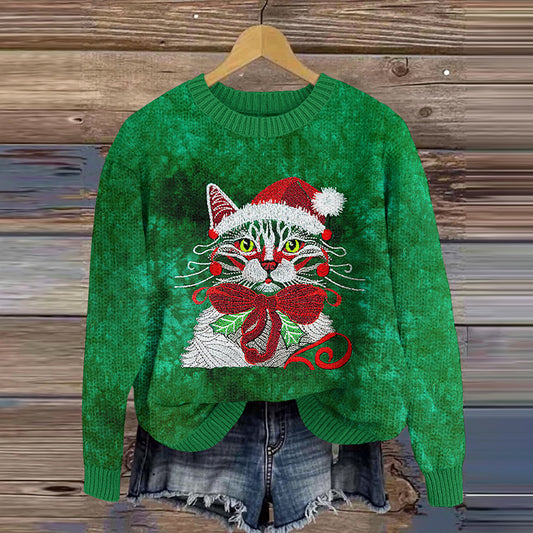 Comstylish Green Christmas Cat Embroidery Knitted Sweate