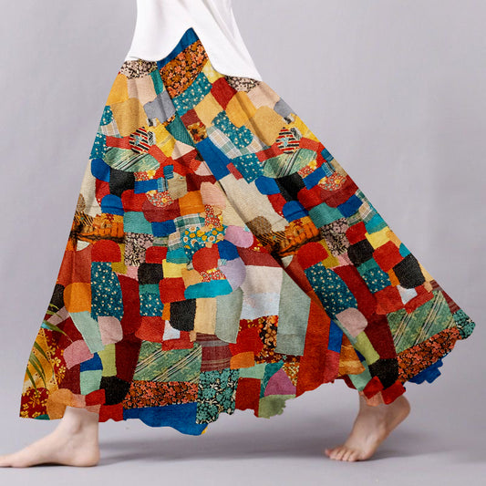Women's Boho Flowers Patchwork Art Linen Blend Skirt artswardrobe