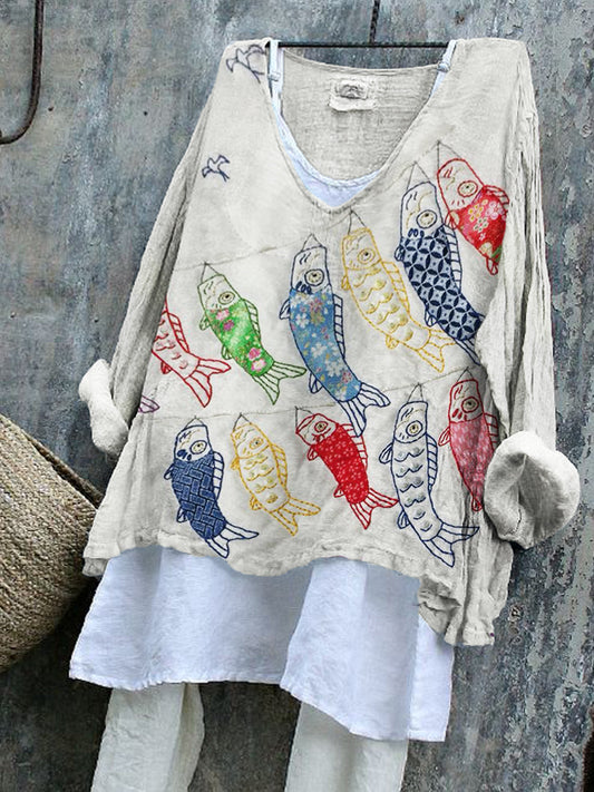 Comstylish Japanese Colorful Carp Streamer Embroidered Linen Blend Tunic