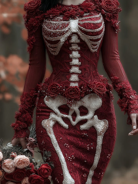 Comstylish Women's Halloween Skeleton Flower Knitted Lace Dress
