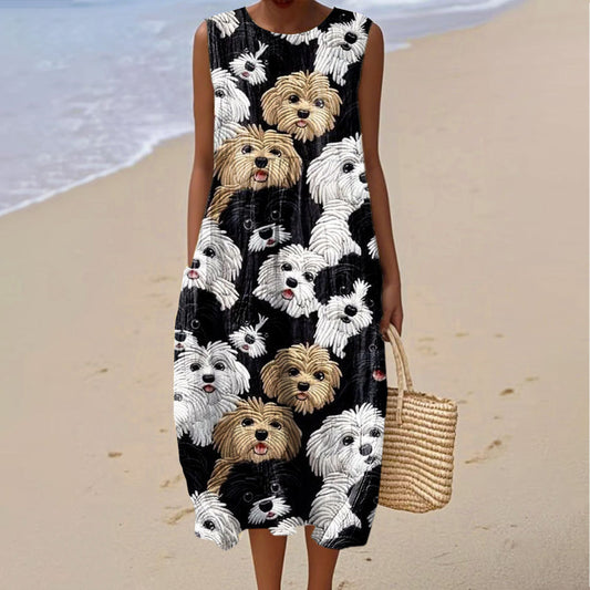 Women's Vintage Dog Print Sleeveless Cotton Dress artswardrobe