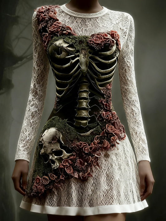 Comstylish Women's Halloween Skull Flowers Moss Witch Midi Dress