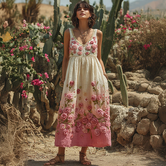 Vintage Pink Flowers Embroidered Linen Maxi Dress artswardrobe