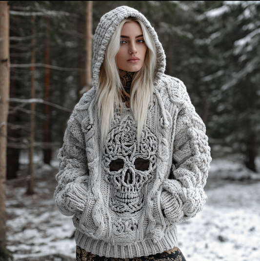 Halloween Skeleton Element Viking Style Women's Hooded Pullover Knit Sweater elevenforest