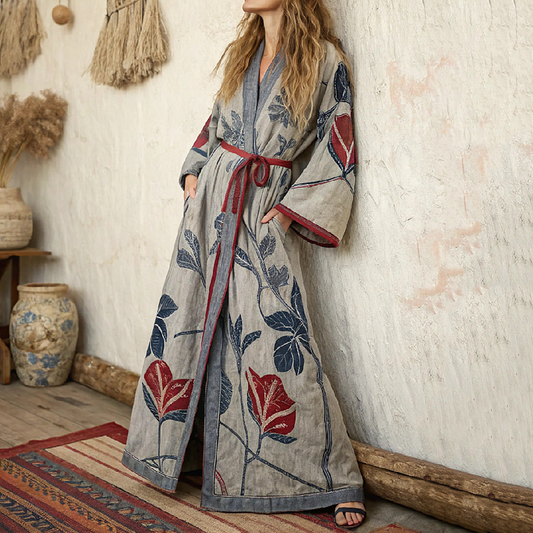 Women's Floral Art  Linen V-neck Robe artswardrobe