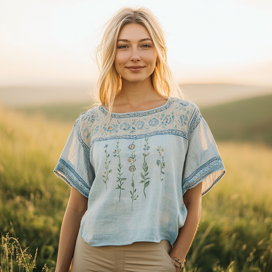 Retro Bohemian Floral Embroidery Art Graphics Linen Blend T-shirt artswardrobe