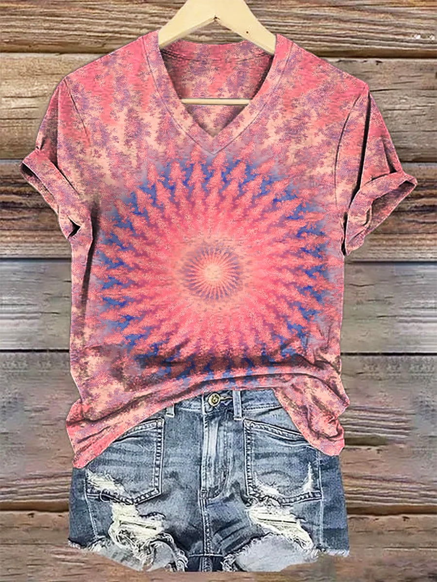 Women's Kaleidoscope Tie Dye Art Print V-neck Casual T-Shirt