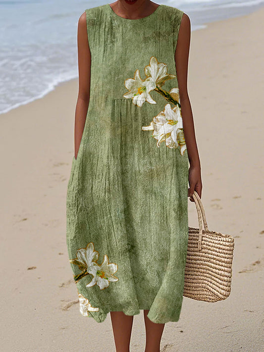 Vintage Lilies Art Pattern Comfy Linen Tank Dress artswardrobe
