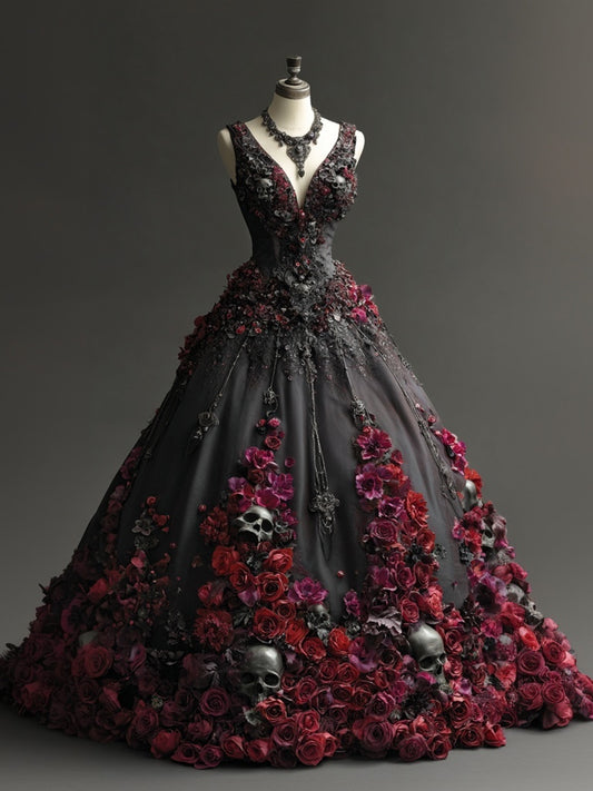 Comstylish Vintage Gothic Roses & Skulls Embroidered V Neck Maxi Dress